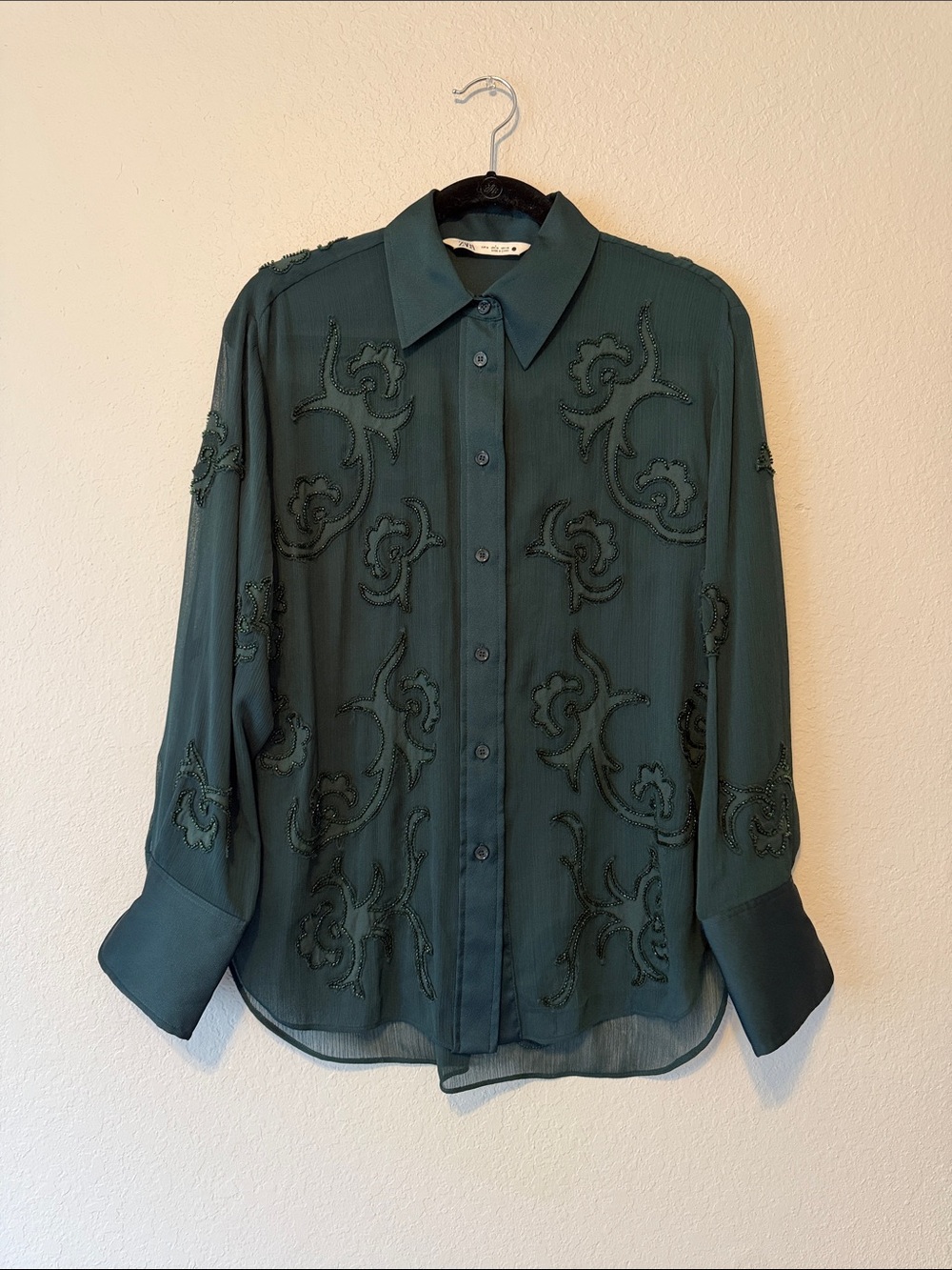 Zara Emerald Green Sheer Beaded Button-Down Shirt - Picture 2 of 5